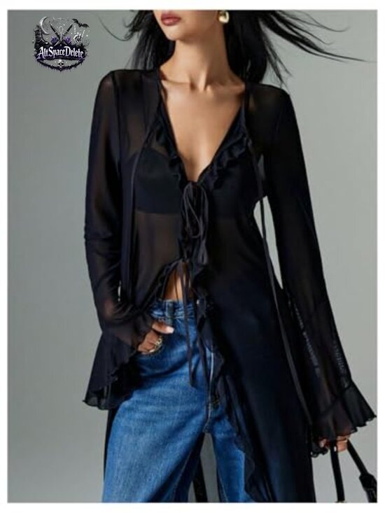 Mesh Tie Front Blouse Bell Sleeve Ruffle Goth Y2K Top - Picture 4 of 5